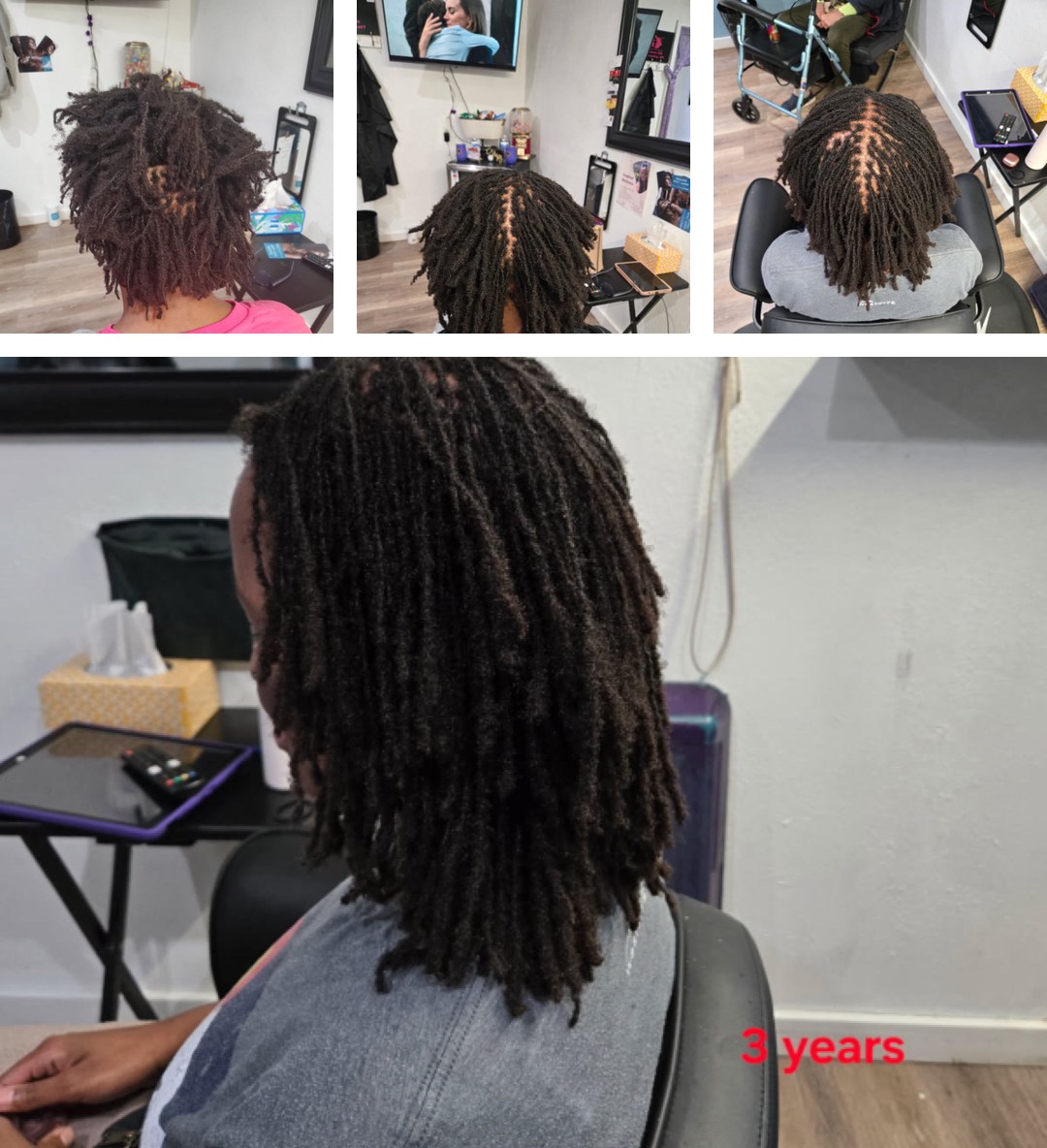 A loc journey collage from starter locs to three years of growth