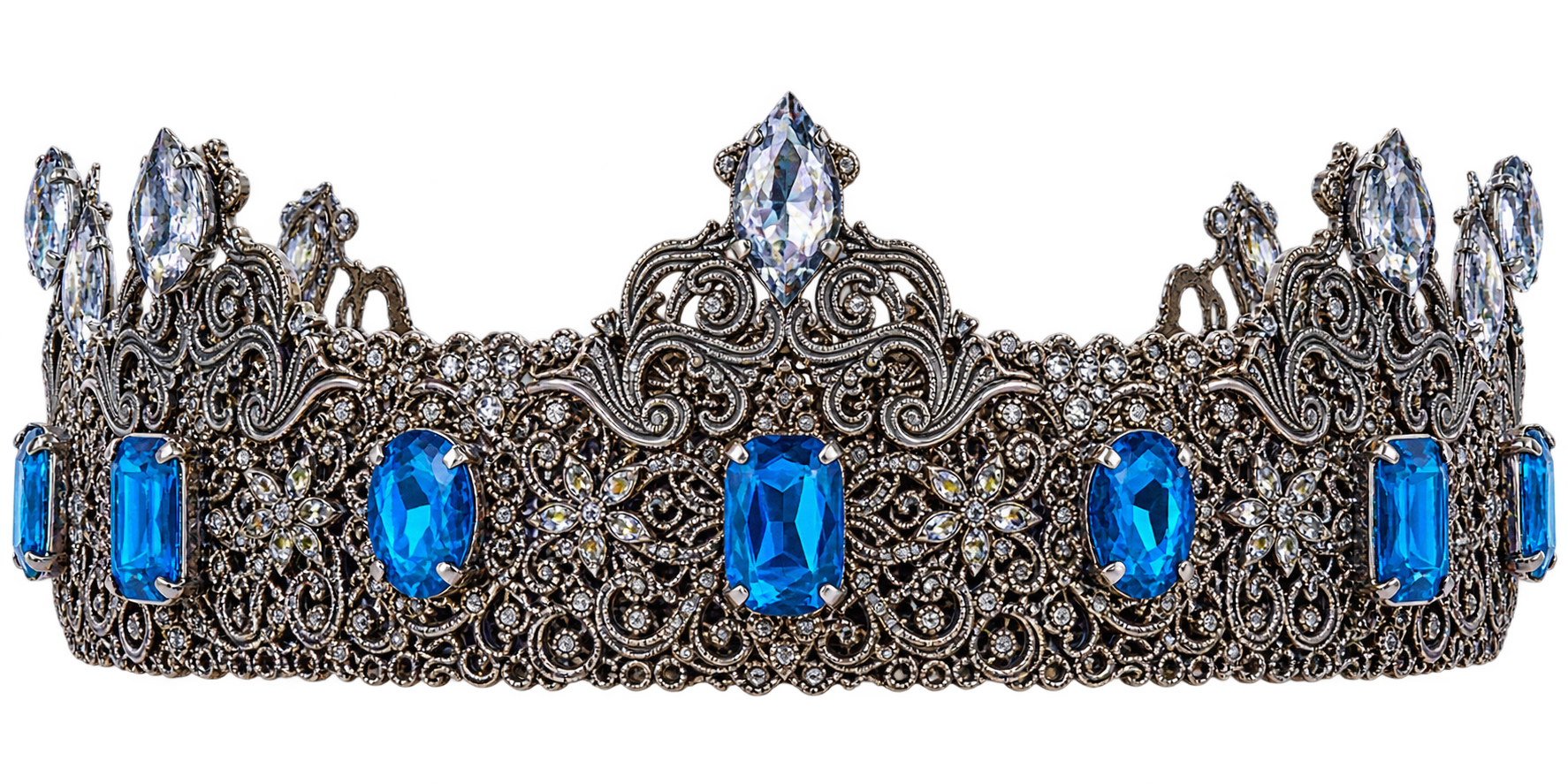 Queen’s crown of antique silver filigree set with blue gemstones and pavé crystals